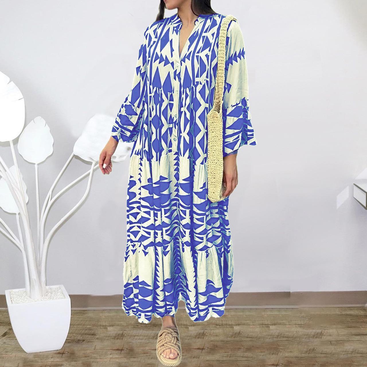 HS0469 Ladies Elegant Printed Shirt Skirt Bohemian Dress