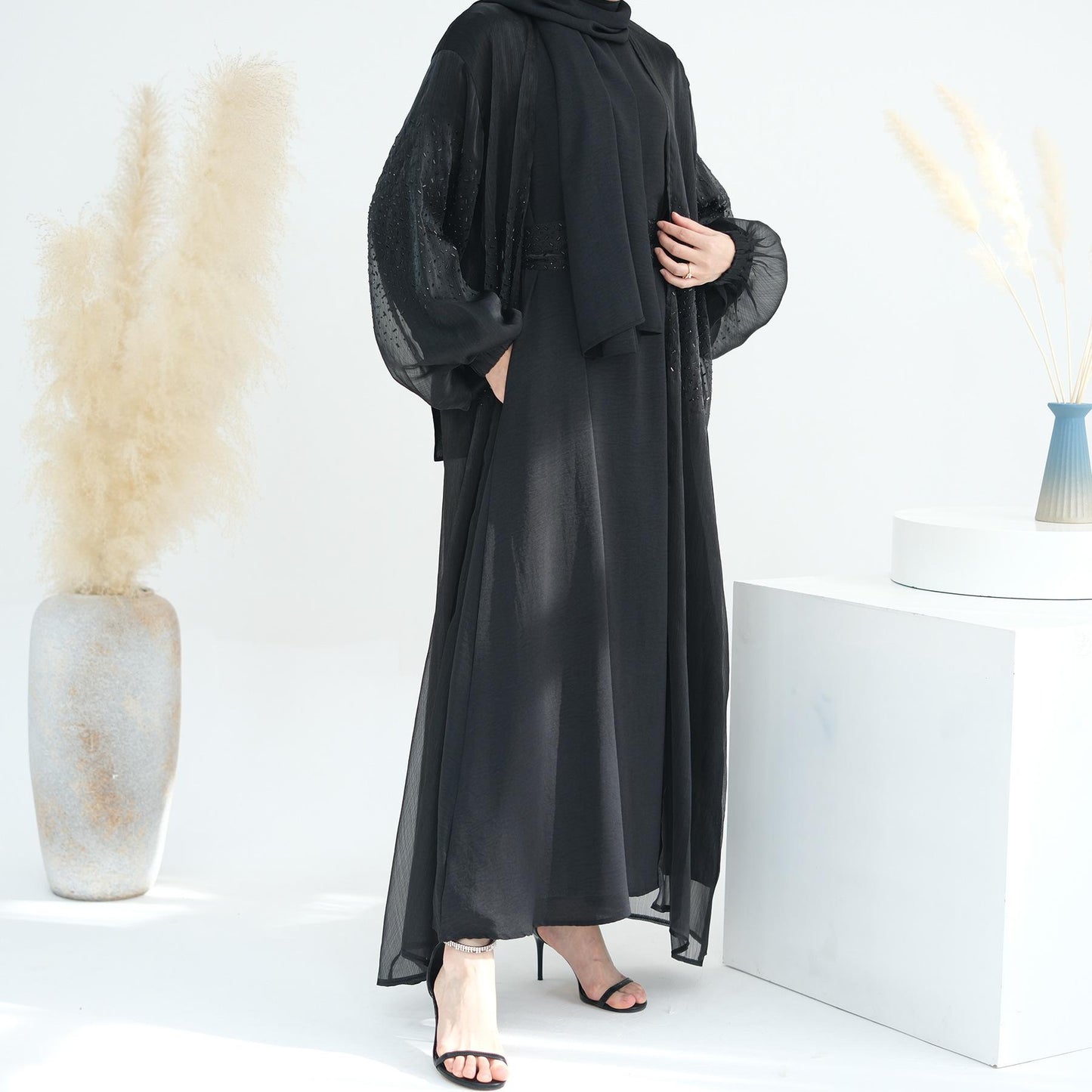 HASASERIES HS0932 3 Pcs Set Cardigan+Inner Dress+Hijab