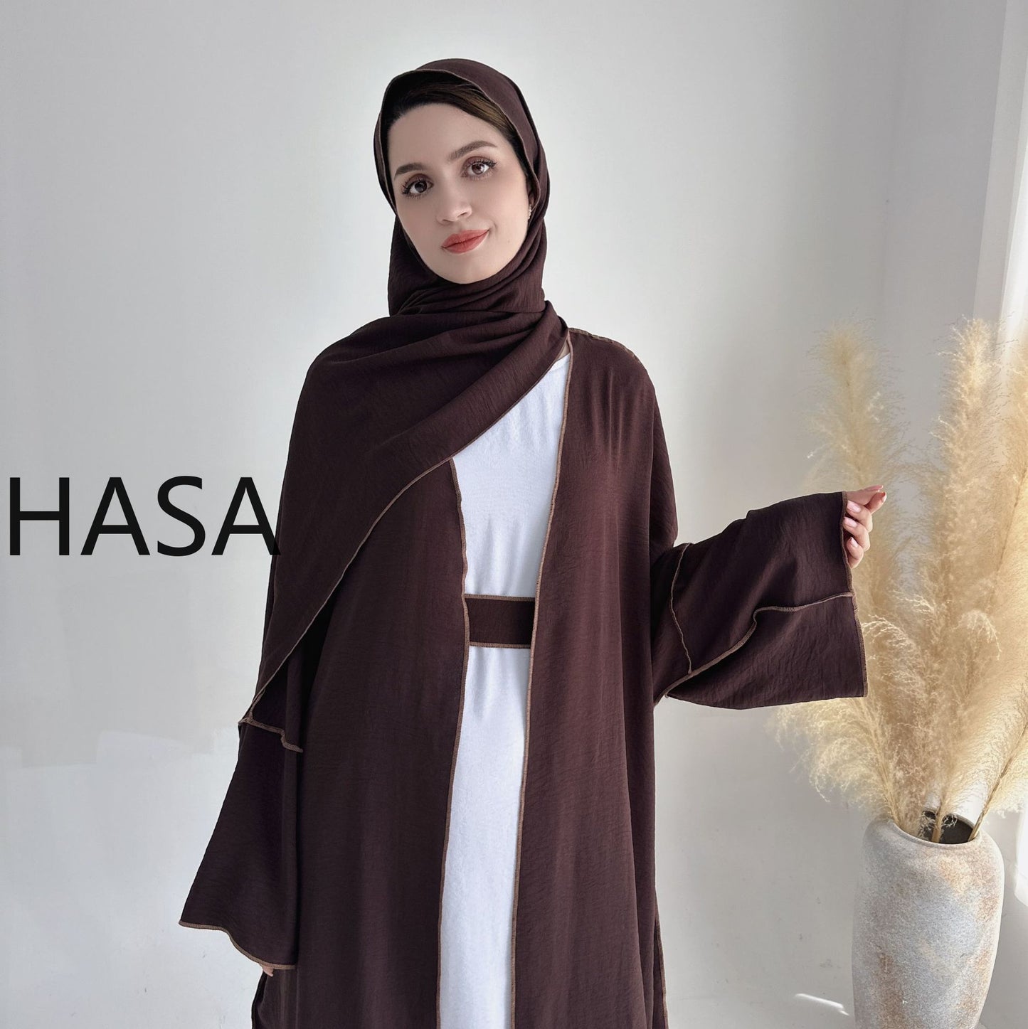 HASA HS1246H 2 PCS SET Crepe Solid Color Loose Hem Cardigan Robe with Hijab