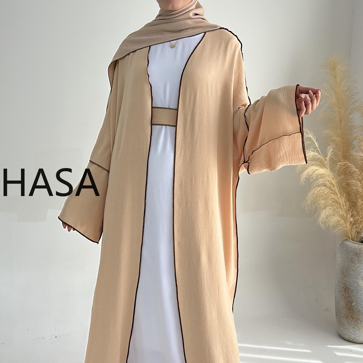HASA HS1246H 2 PCS SET Crepe Solid Color Loose Hem Cardigan Robe with Hijab