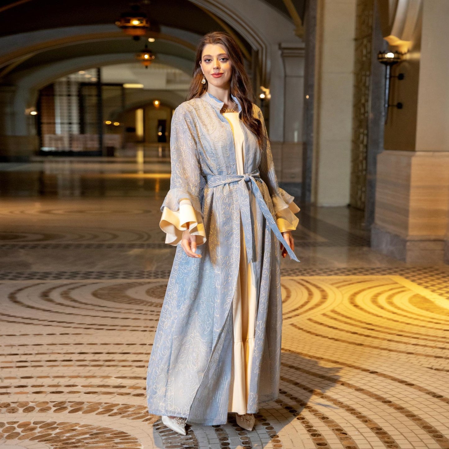 HS0445 2 pièces costume moyen-orient robe de soirée transfrontalière dame musulmane manches en feuille de lotus nouvelle robe abaya robe