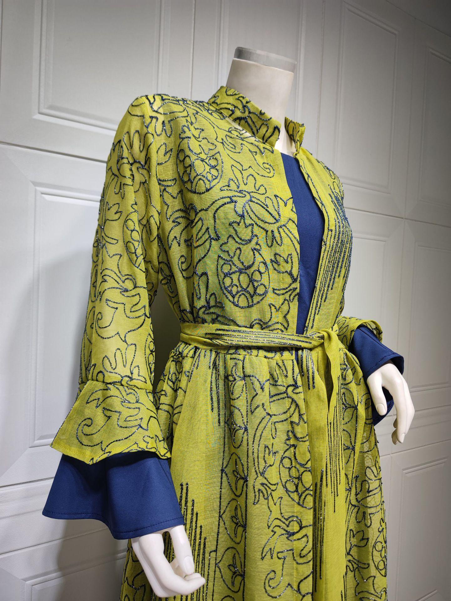 HS0445 2 pièces costume moyen-orient robe de soirée transfrontalière dame musulmane manches en feuille de lotus nouvelle robe abaya robe