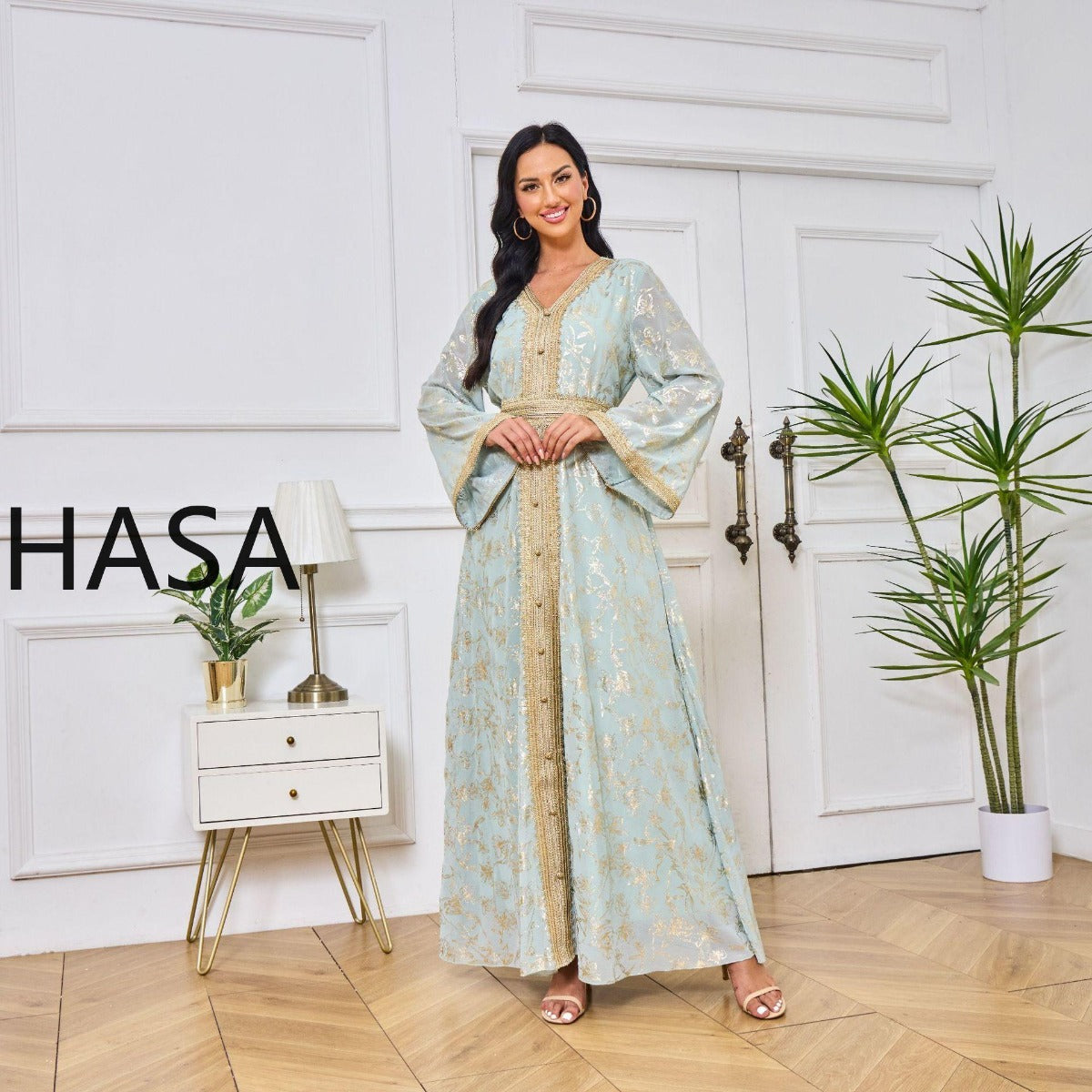 HS1249 Elegant Floral Abaya with Golden Detailing