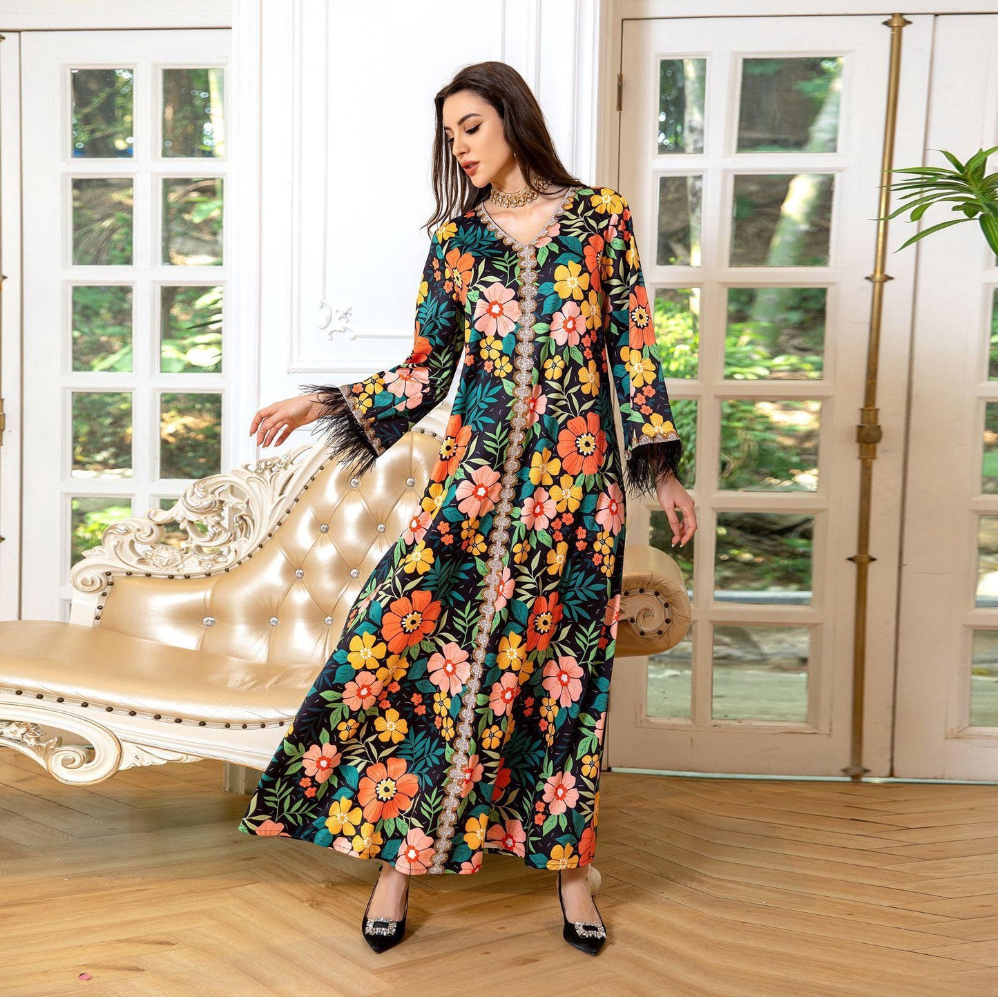 HASASERIES HS1078 Printed Diamond Camel Hair Dress