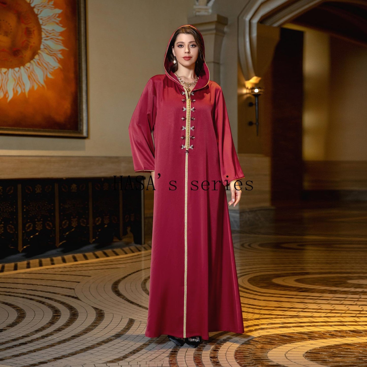 HASA's Series HS1231 Jeweled Ribbon Satin Home Dress Abaya