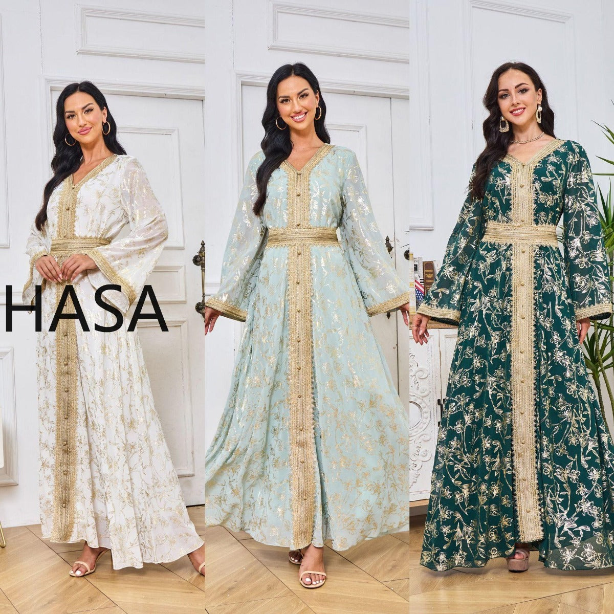 HS1249 Elegant Floral Abaya with Golden Detailing