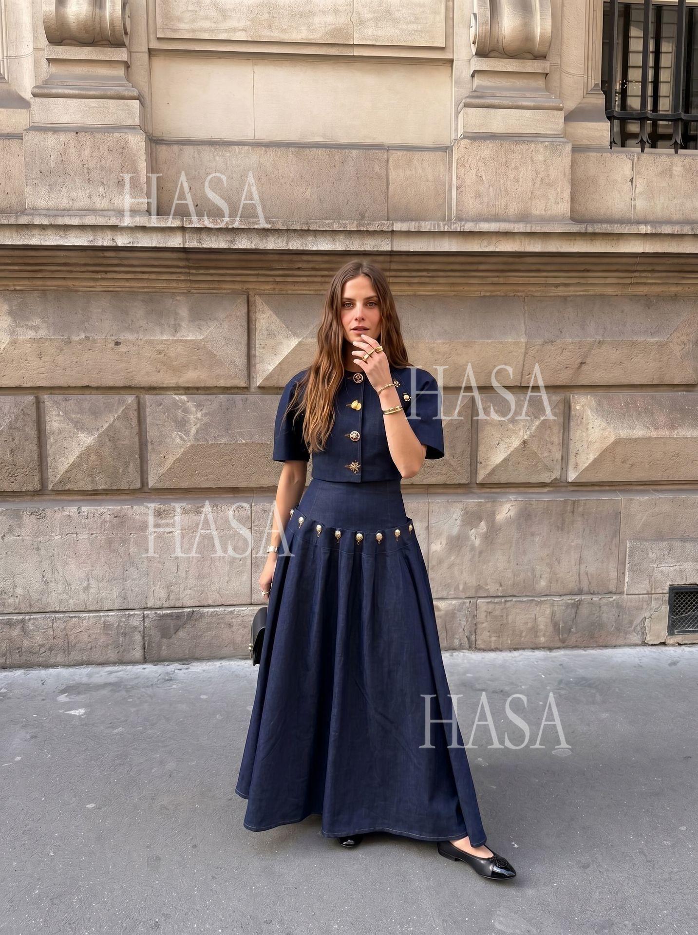 HASA HS6786 Luxury Look Dark Wash Denim Crop Top and Long Skirt Outfit