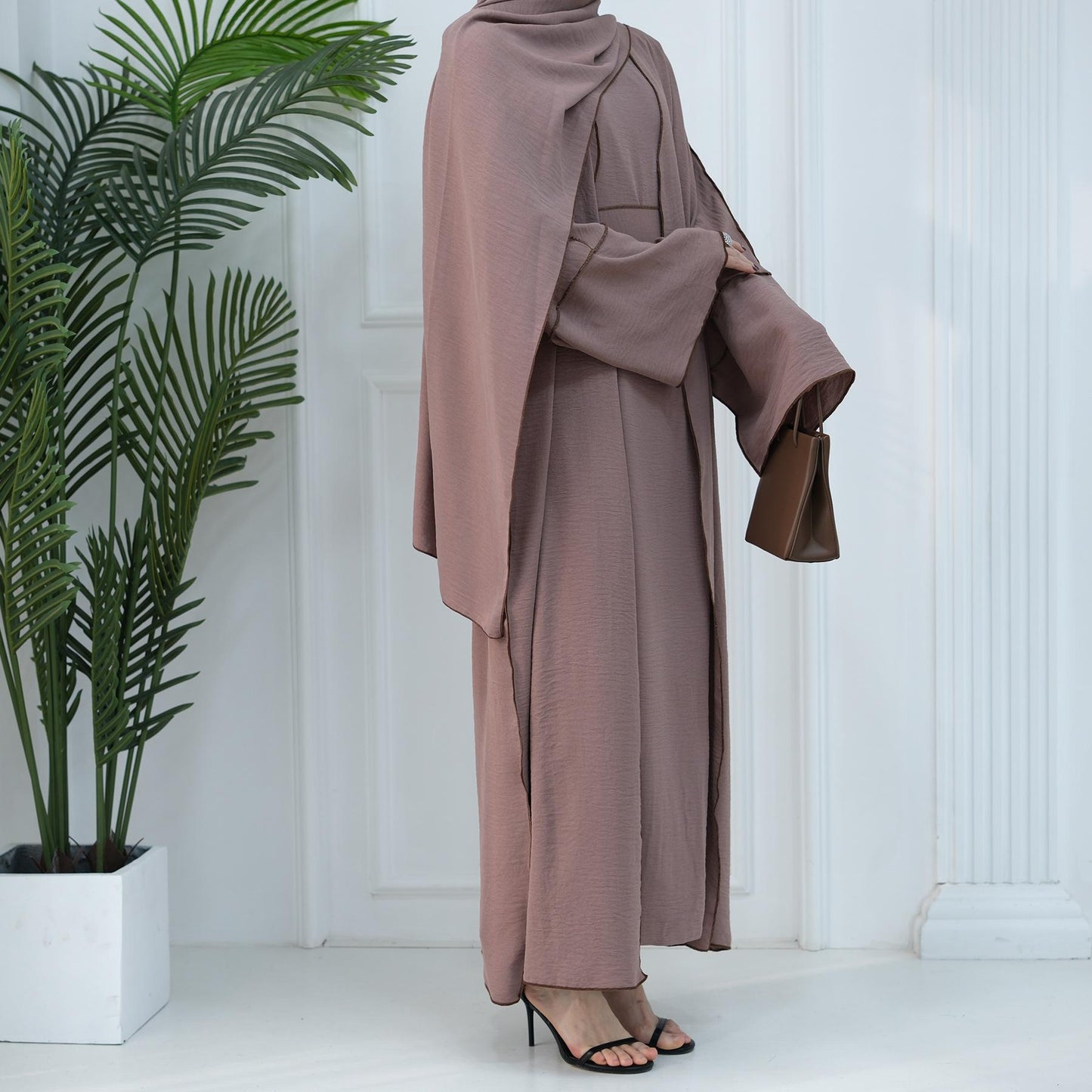 HASASERIES HS1095 3pcs Set Cardigan+without Sleeves Inner Dress+Hijab