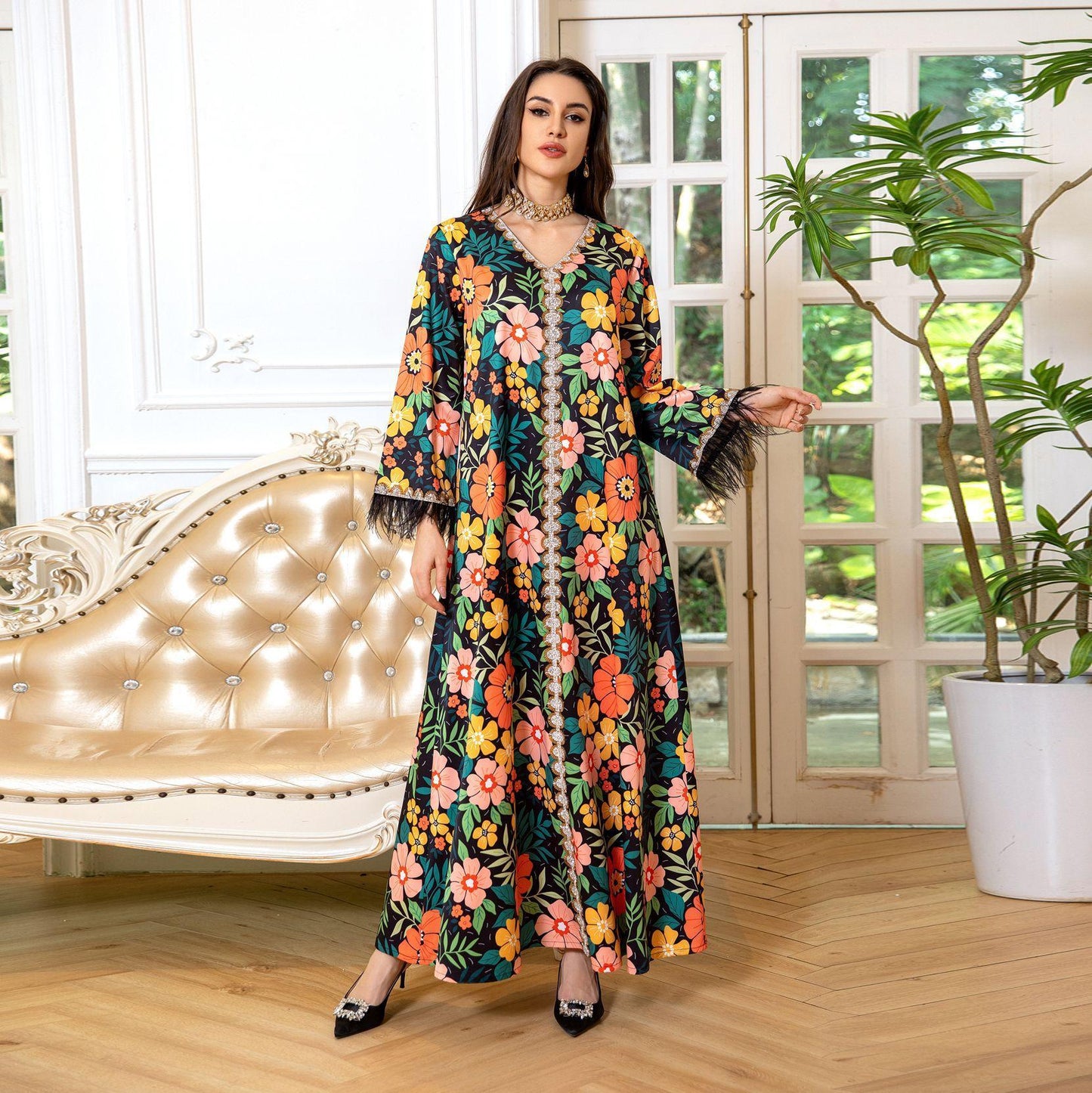 HASASERIES HS1078 Printed Diamond Camel Hair Dress