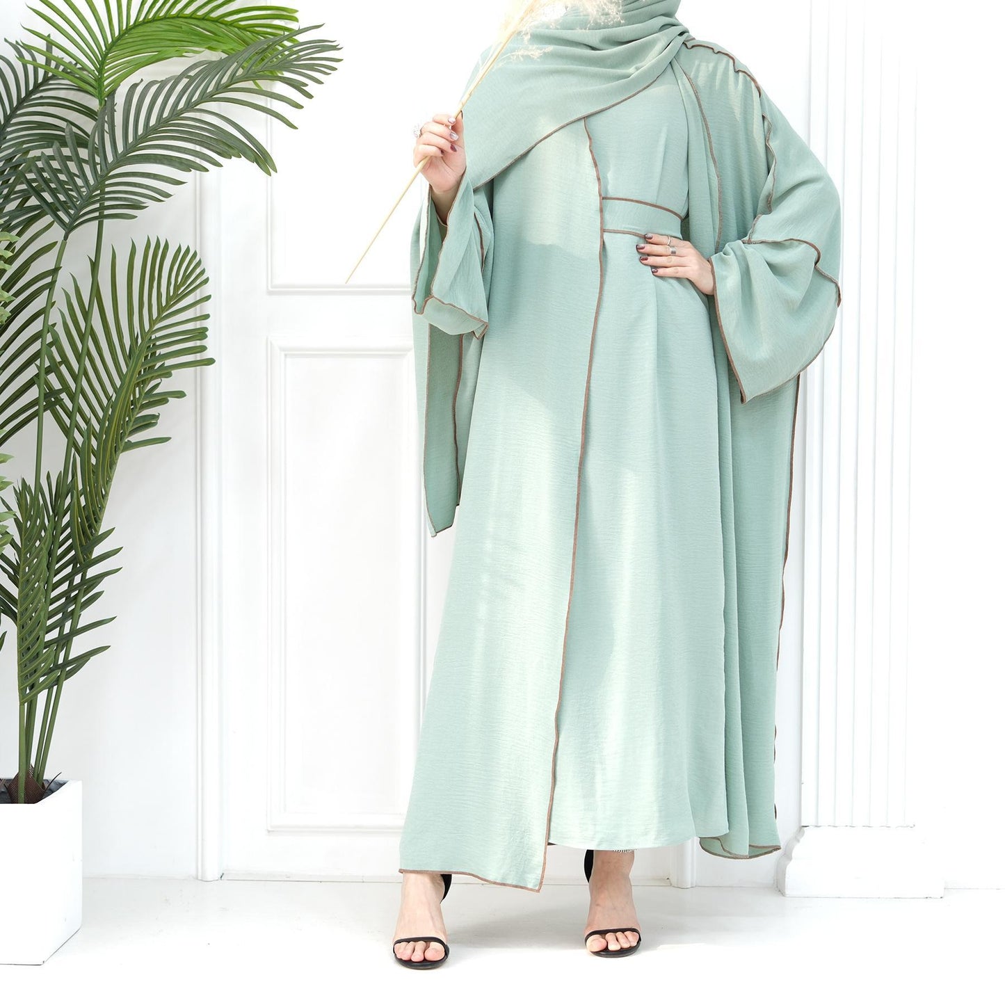 HASASERIES HS1095 3pcs Set Cardigan+without Sleeves Inner Dress+Hijab