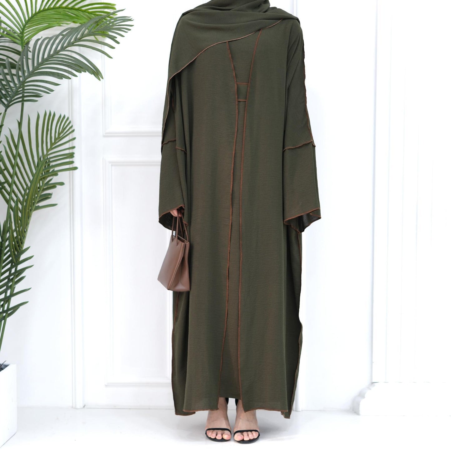 HASASERIES HS1095 3pcs Set Cardigan+without Sleeves Inner Dress+Hijab