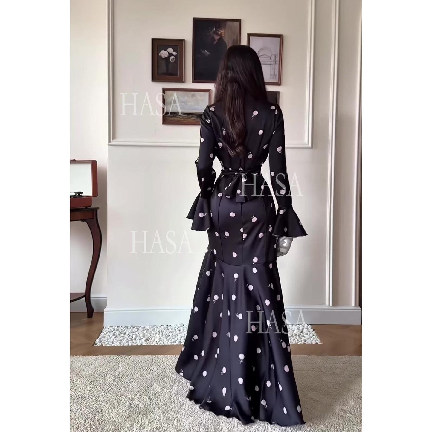 HASA's Series HS6741 Chic Black Polka Dot Long Dress Flare Sleeve Mermaid Maxi Gown