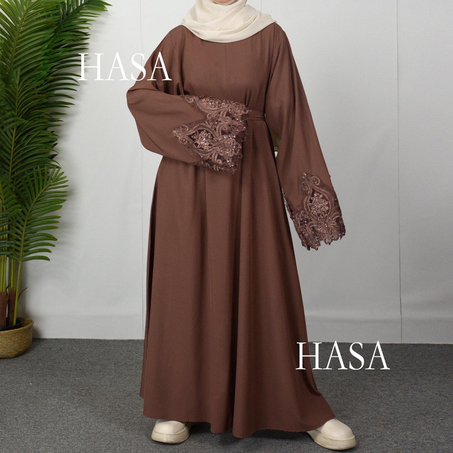 HASASERIES HS0303 3D Embroidery Sleeves with Two Sides Pocket and Nursing Zippers Solid Abaya
