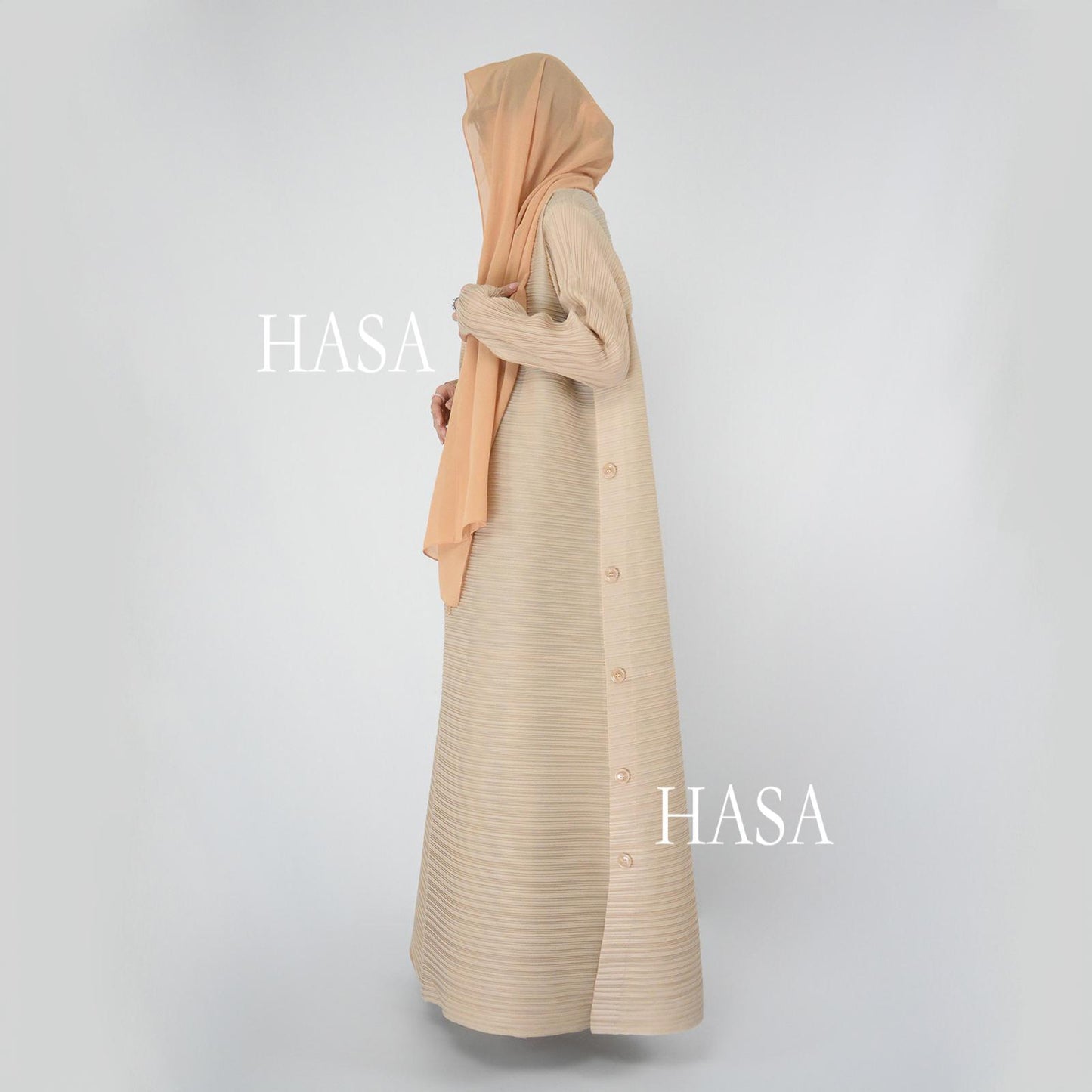 HS6160 Elegant Long Sleeve Abaya in Solid Tone with Pleats and Button Detail At Collar