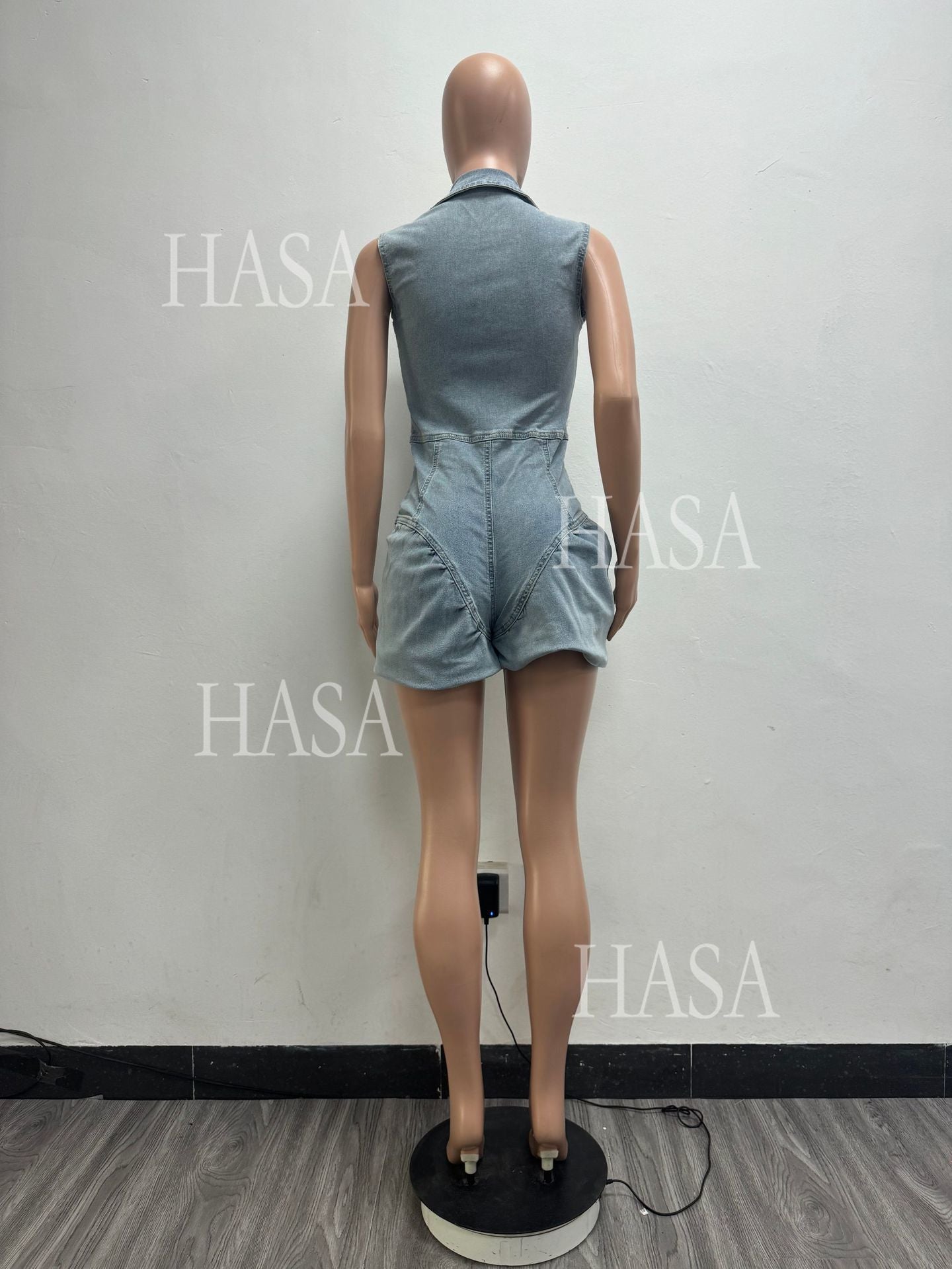 HASA HS6296 Bold Collared Denim Romper with Flattering Waist Detail