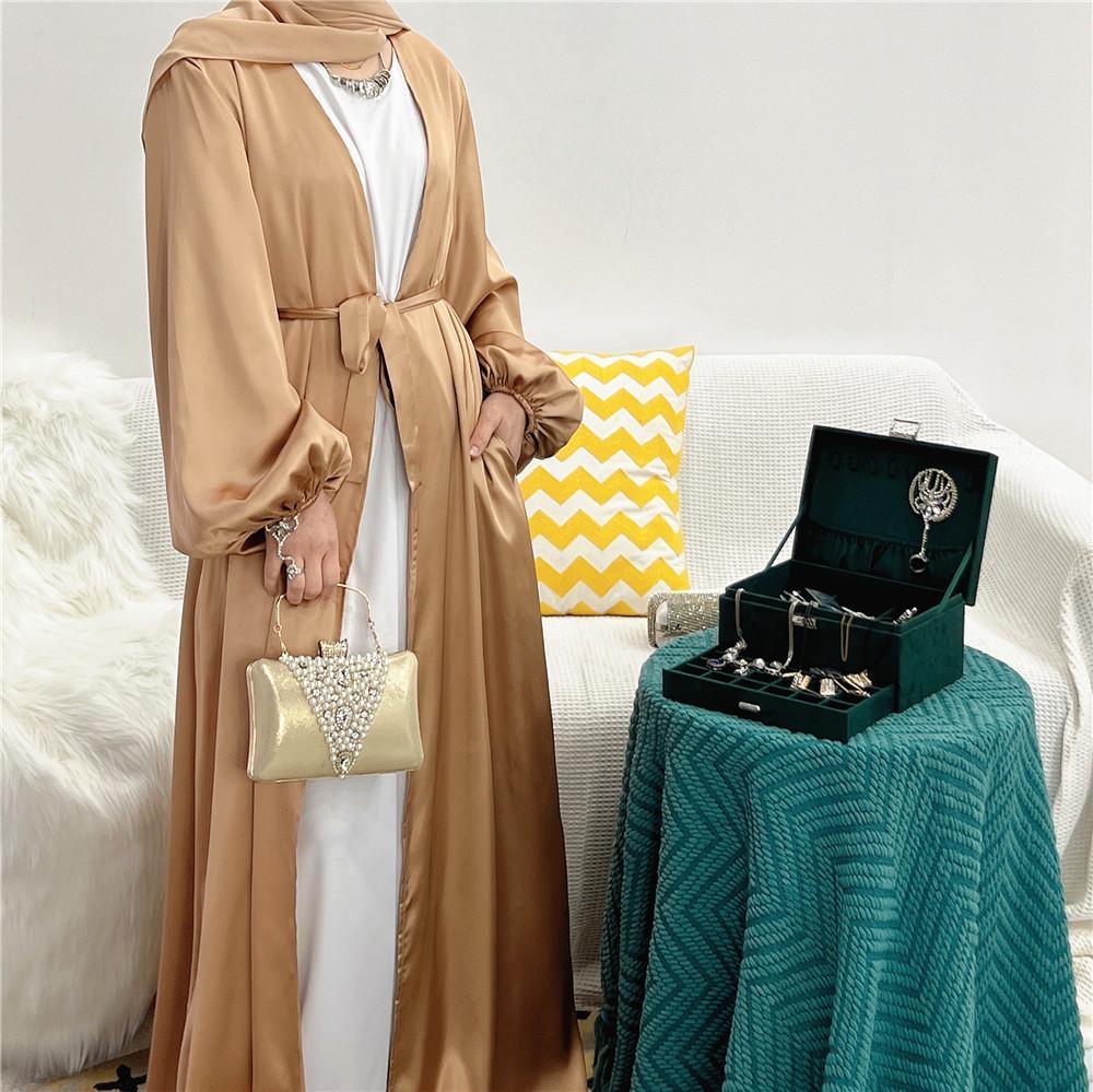 HS0481 Solid Color Satin Coat Robe Open Abaya