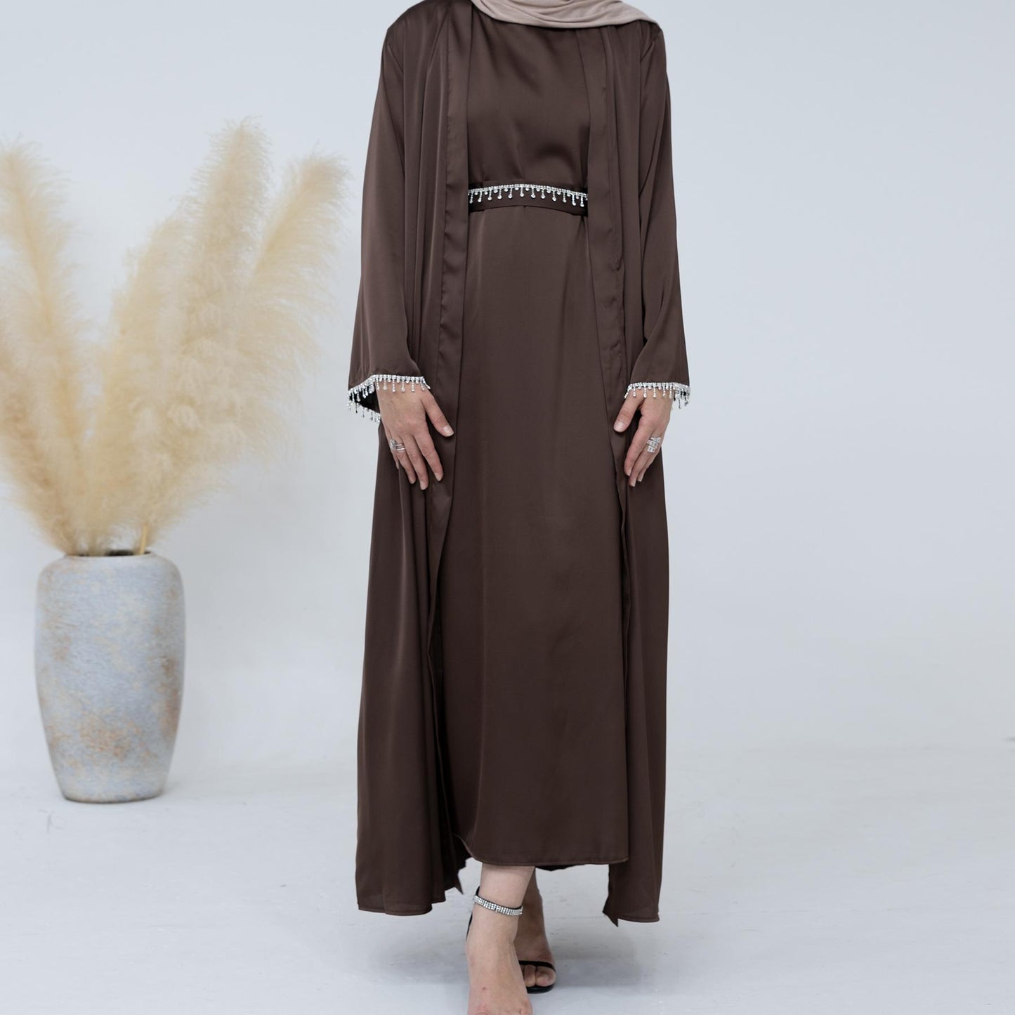 HASASERIES HS1005 4pcs Set Cardigan+without Sleeves Inner Dress+Crystal Chain+Hijab