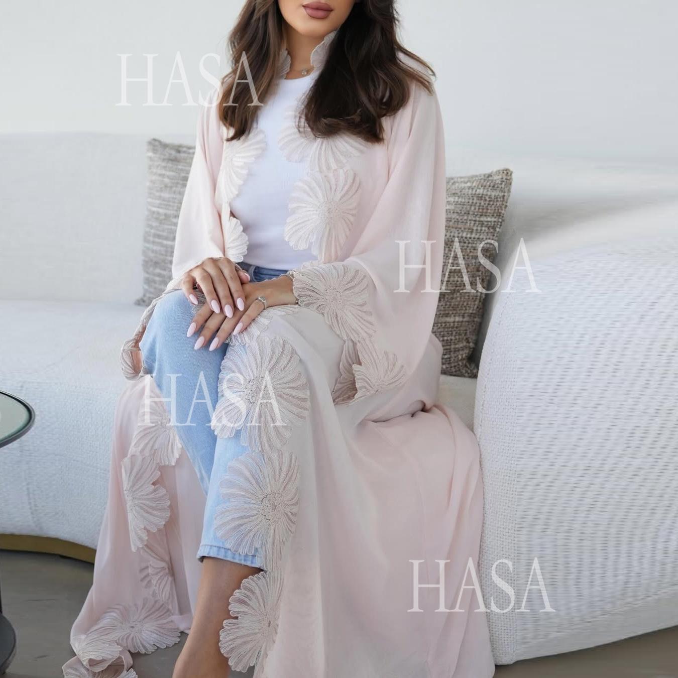HASA HS6809 Chic Floral Applique Longline Abaya