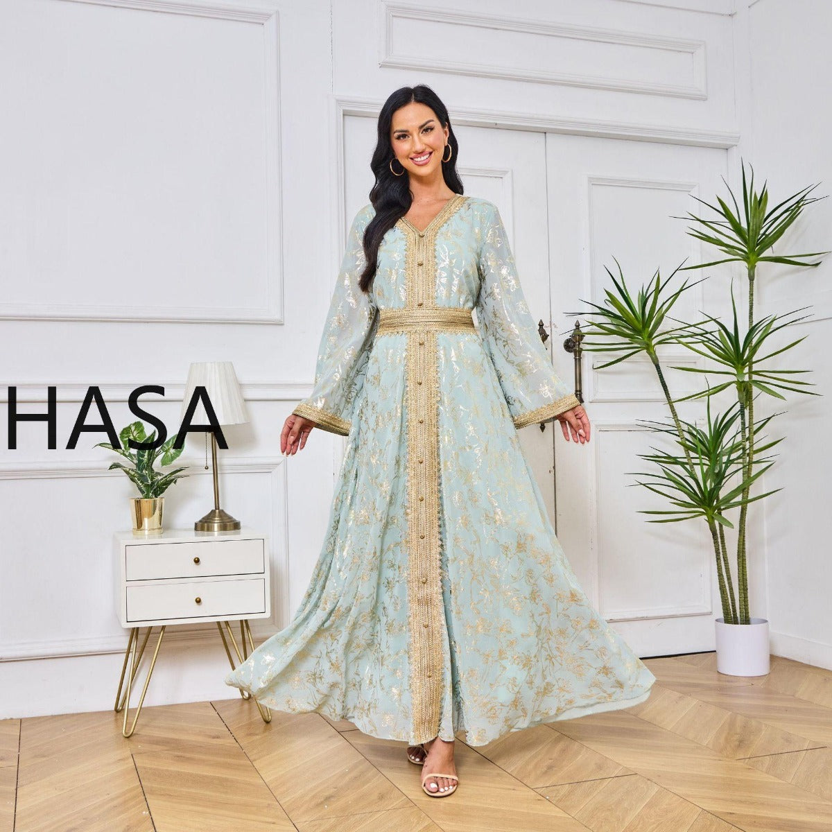 HS1249 Elegant Floral Abaya with Golden Detailing