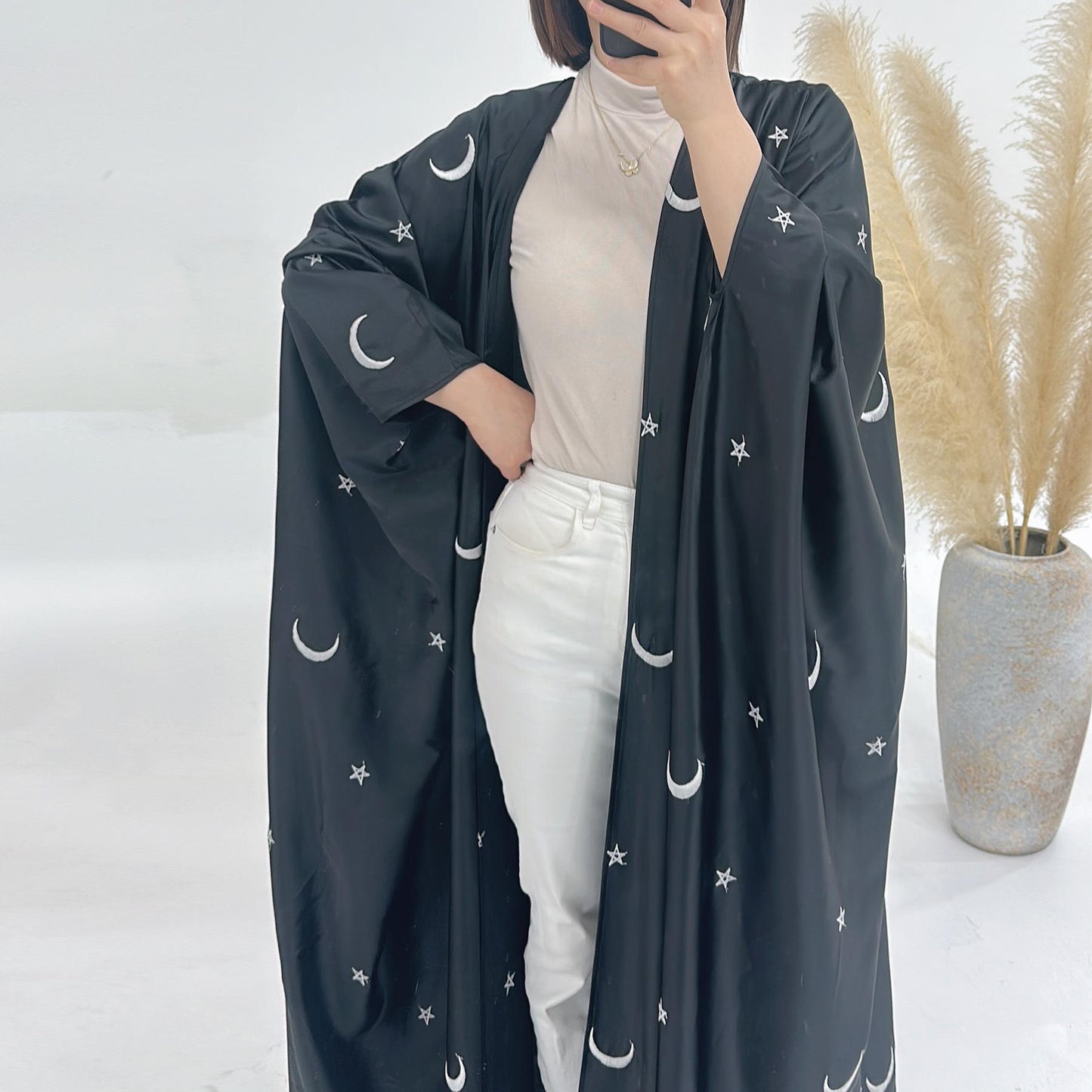 HASASERIES HS1171 Moon Embroidered Robe Kaftan Abaya