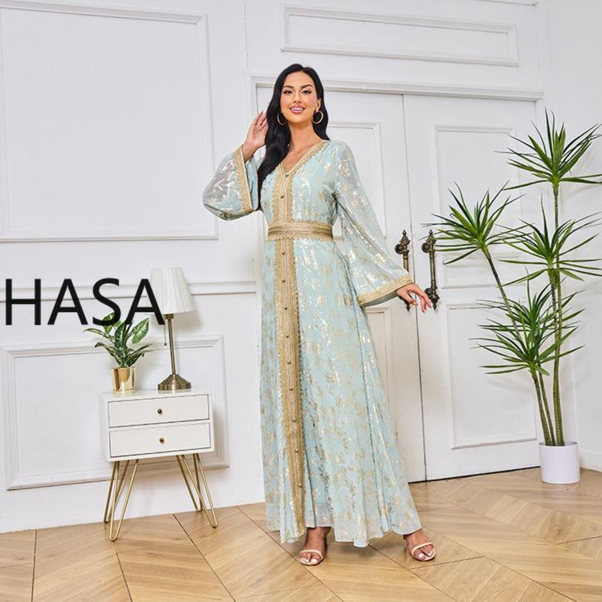 HS1249 Elegant Floral Abaya with Golden Detailing