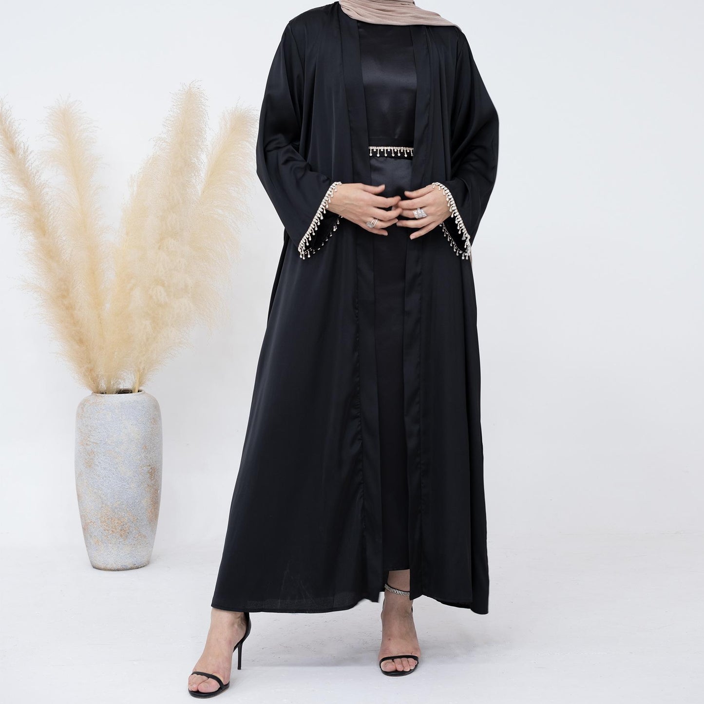 HASASERIES HS1005 4pcs Set Cardigan+without Sleeves Inner Dress+Crystal Chain+Hijab