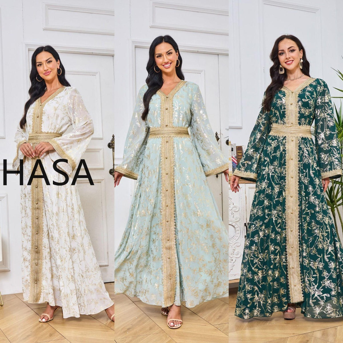 HS1249 Elegant Floral Abaya with Golden Detailing