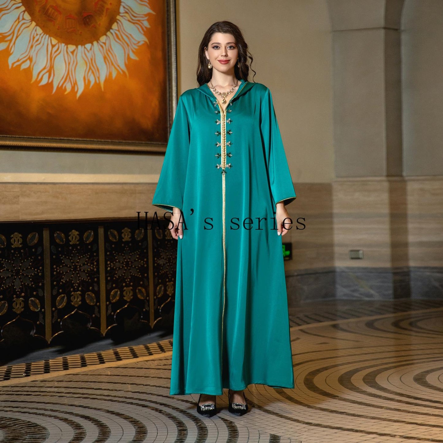 HASA's Series HS1231 Jeweled Ribbon Satin Home Dress Abaya