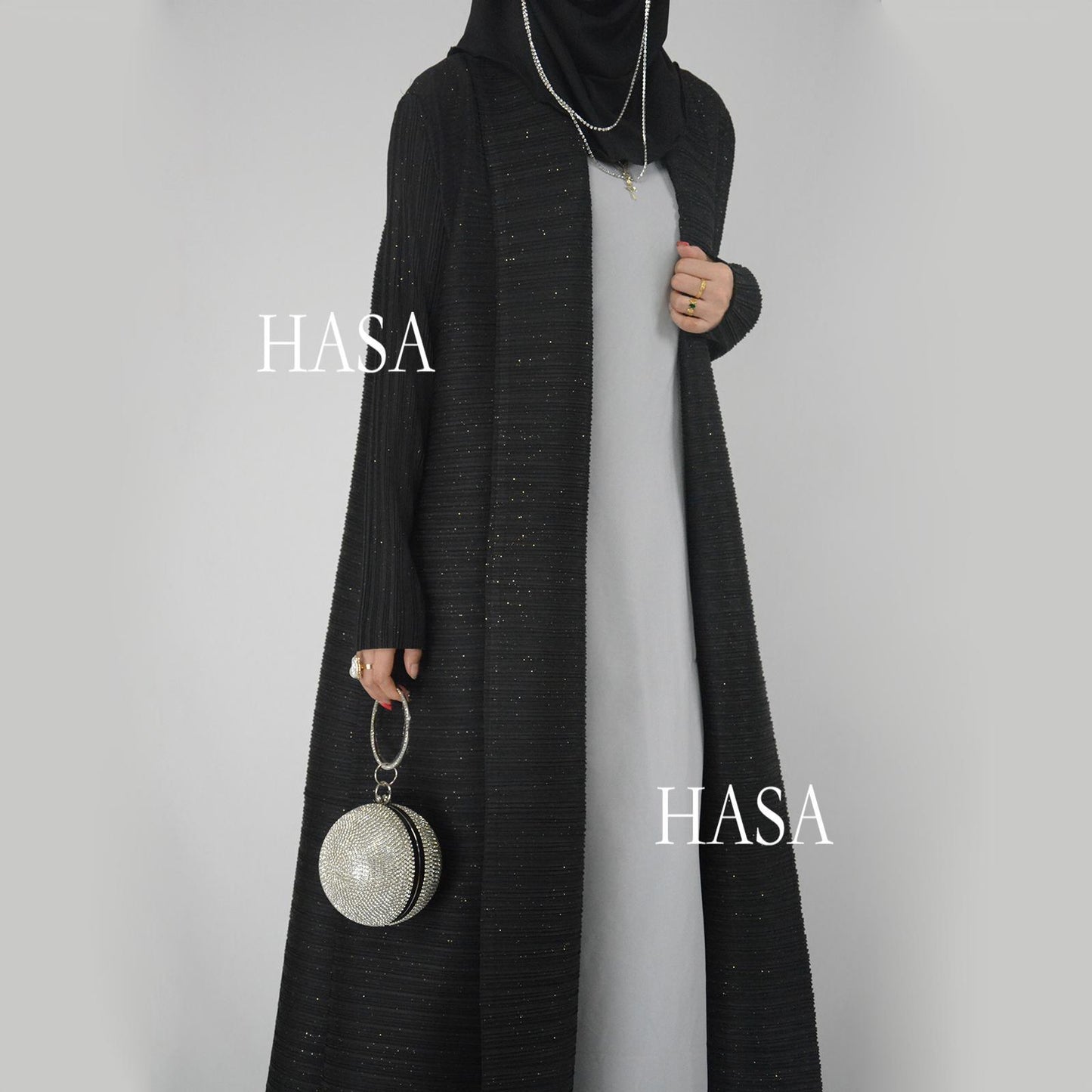 HS6158 Solid Long Sleeve Pleated Abaya with Artisan Sequin Work