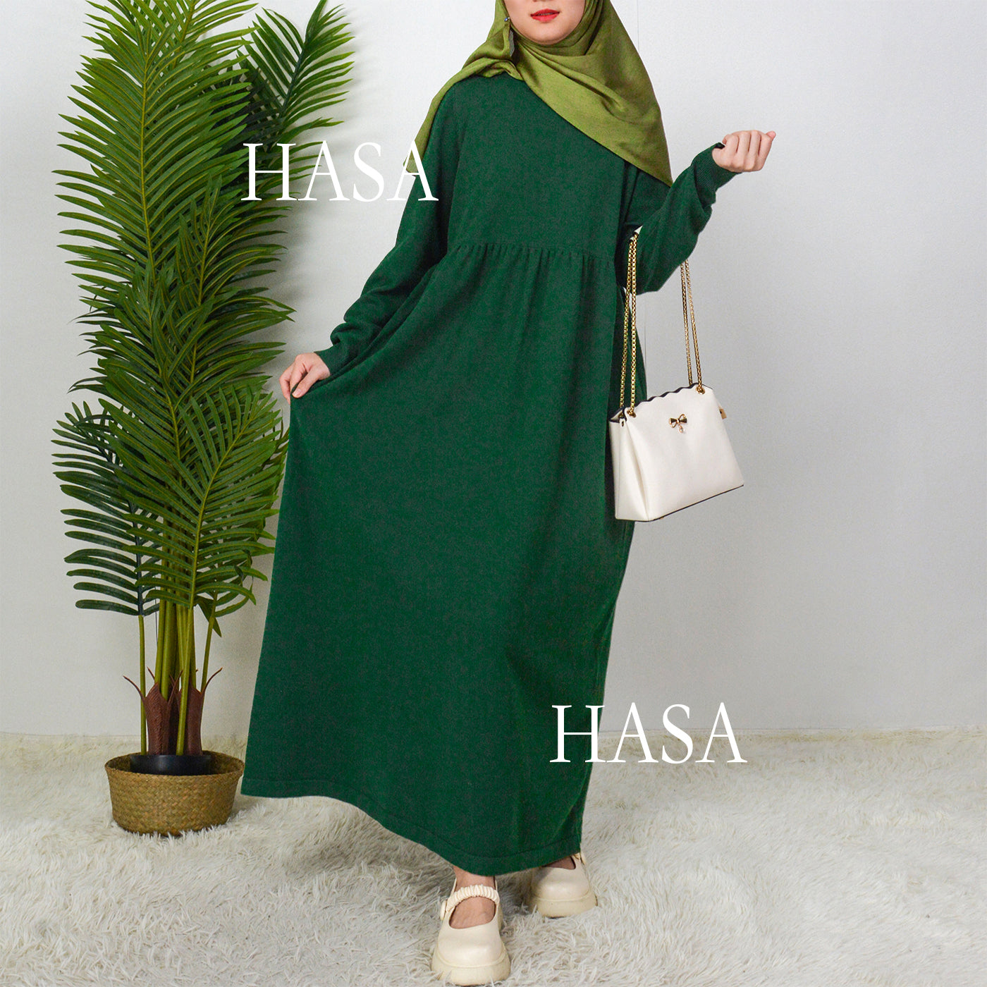HS0116 Muslim Solid colours knitted long abaya dress in Loose fitting waist