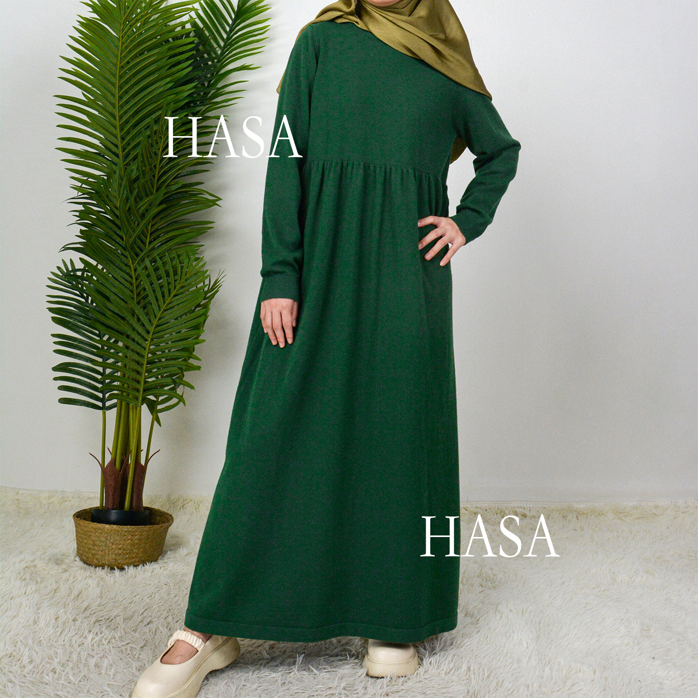 HS0116 Muslim Solid colours knitted long abaya dress in Loose fitting waist