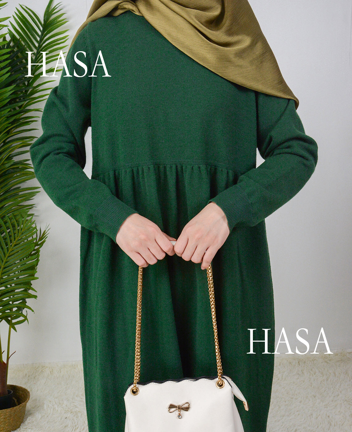 HS0116 Muslim Solid colours knitted long abaya dress in Loose fitting waist