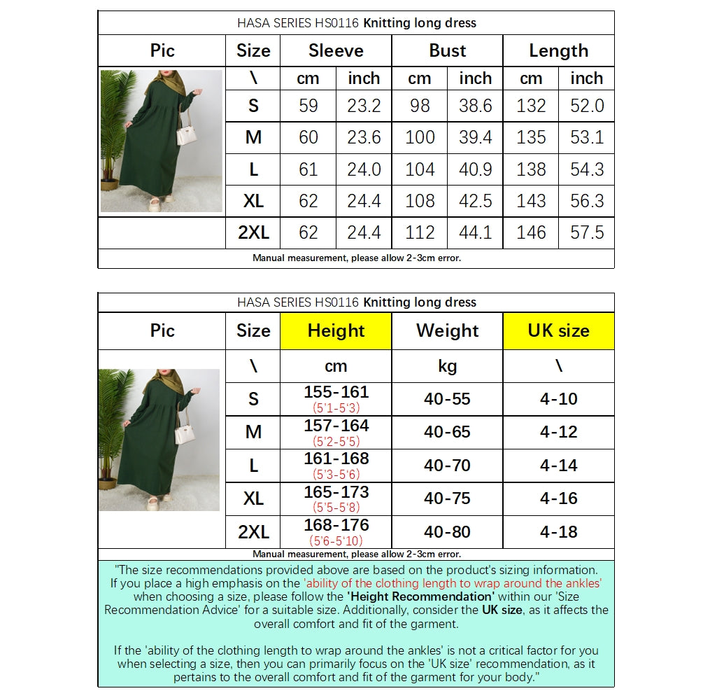 HS0116 Muslim Solid colours knitted long abaya dress in Loose fitting waist