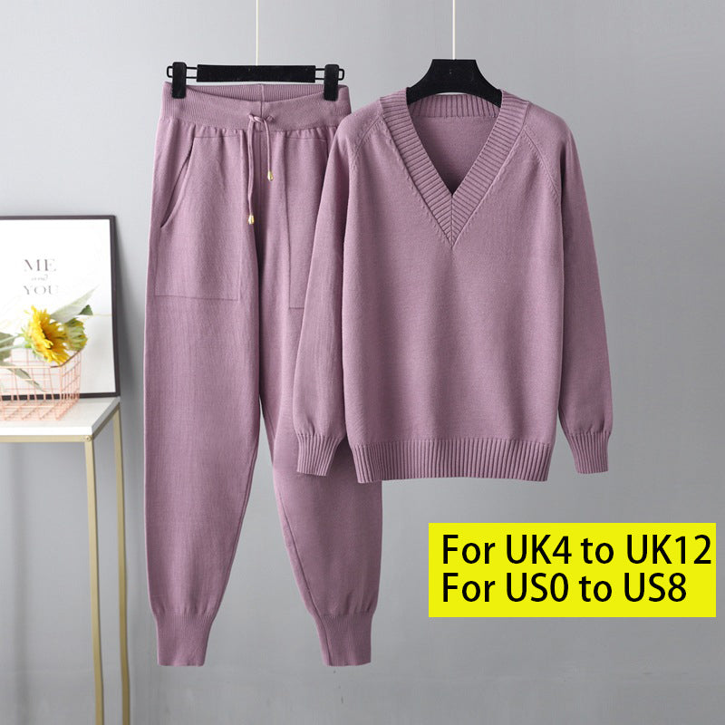 HS0476 autum and winter knitted 2 PCS SET V-neck with pockets