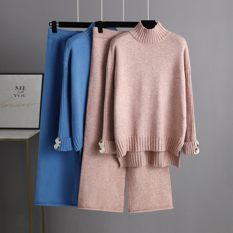 HS0324 2022 autumn and winter new loose high-collar sweater suit female fashionable broad-legged pants two-piece set