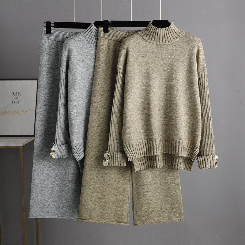 HS0324 2022 autumn and winter new loose high-collar sweater suit female fashionable broad-legged pants two-piece set
