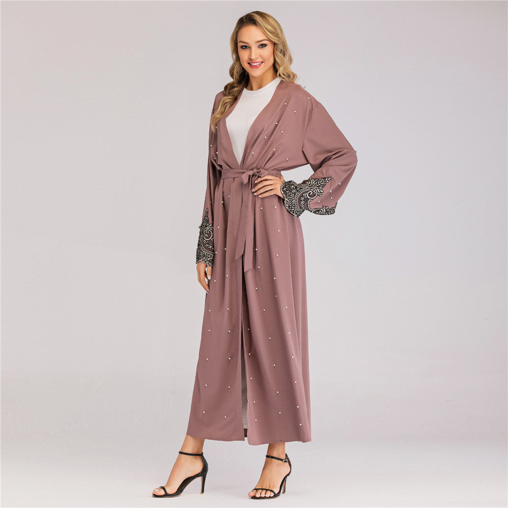 Muslim Long Sleeve Embroidered Beaded Robe Women Arabian Long Cardigan
