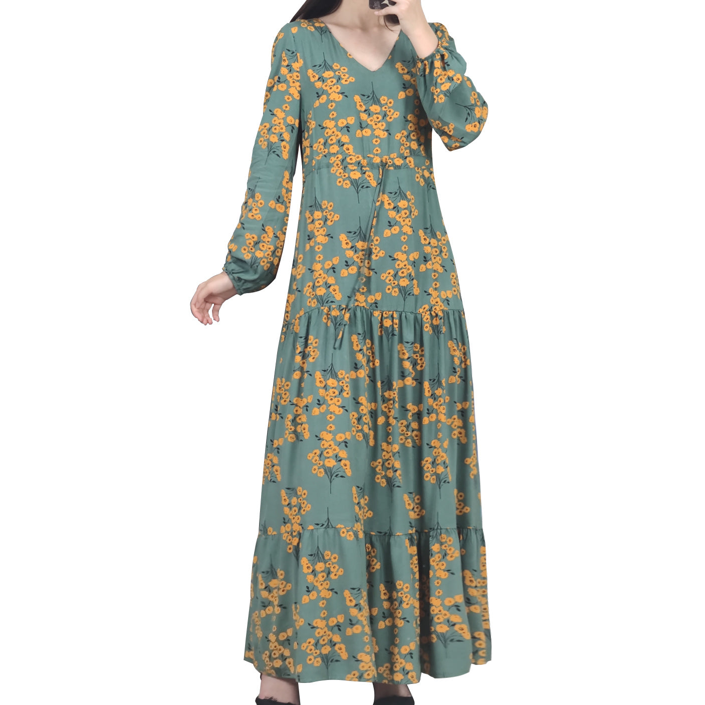 HS0819 Rayon long dress V-neck flower dress