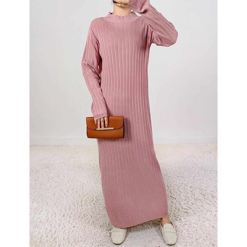 HS0111 solid color knitted pleated long dress elastic and soft muslim long dress