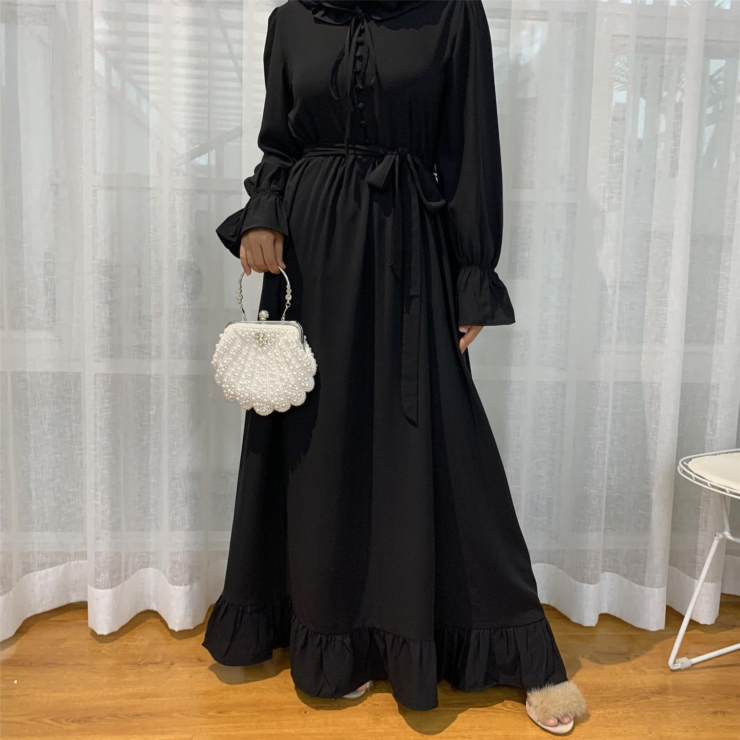 Nouvelle robe musulmane à grande balançoire avec coutures de couleur unie pour femmes