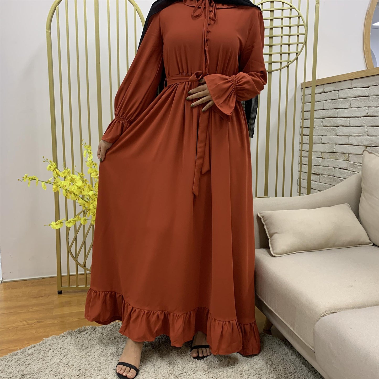 Nouvelle robe musulmane à grande balançoire avec coutures de couleur unie pour femmes