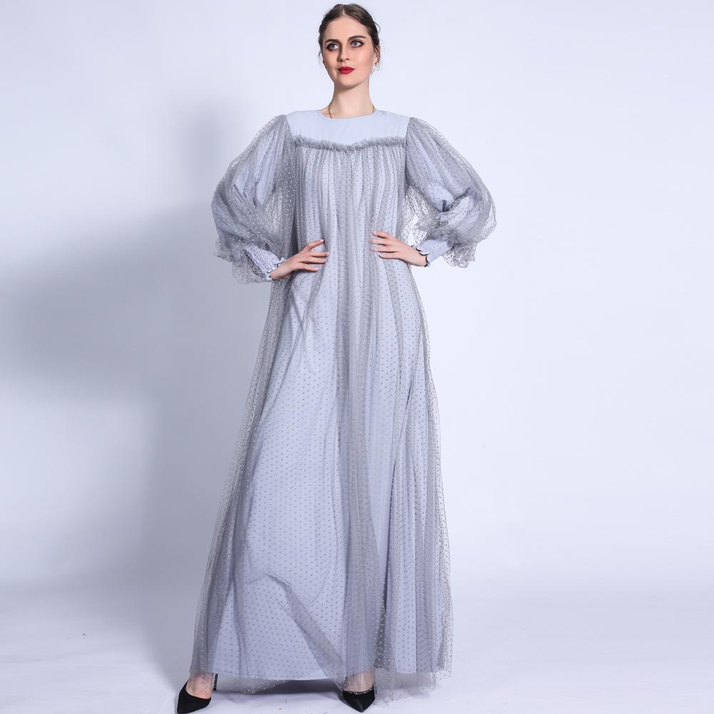 mesh lantern sleeve dress Womens 2026 Spring Runway Lantern Sleeve Mesh Maxi Dress with Lace Flower Stitching and Ruffled Hem Black / S