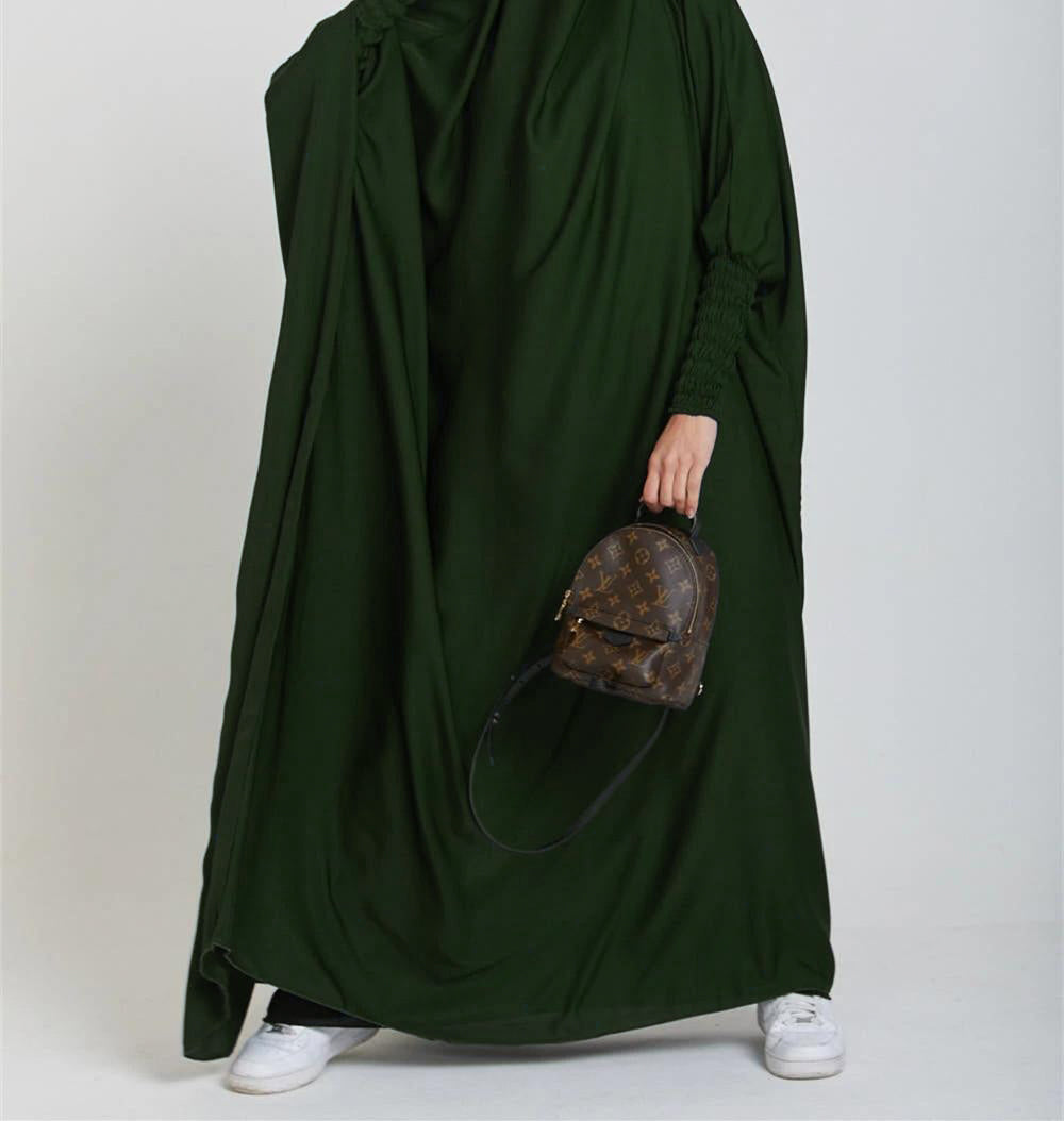 HS10067 Jilbab de prière musulman de couleur unie Mukena avec tissu doux et poignets élastiqués et hijab instantané attachable
