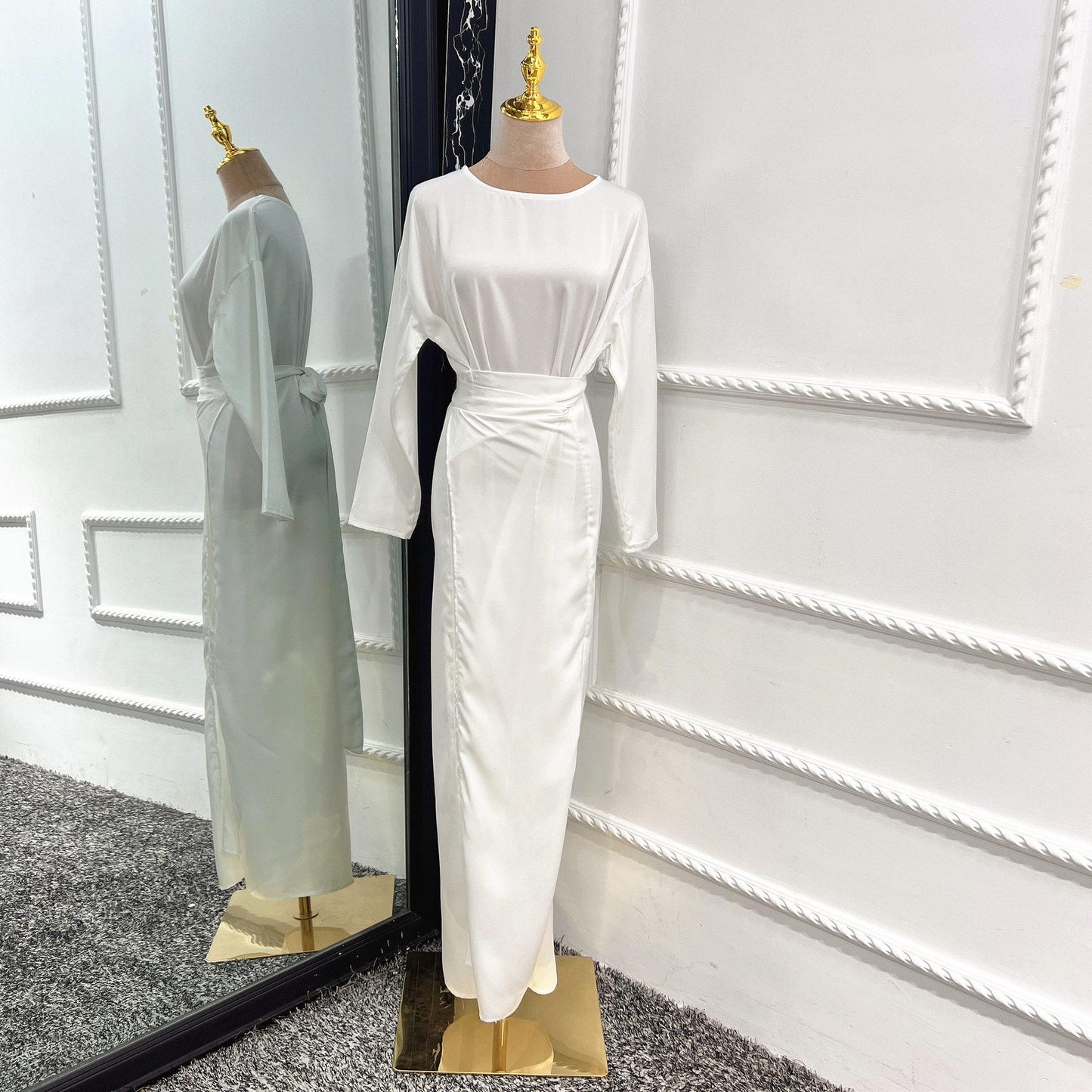 فستان من الساتان بتصميم أوروبي وأمريكي من دبي بحزام من البوليستر/S-XXL من HS10047