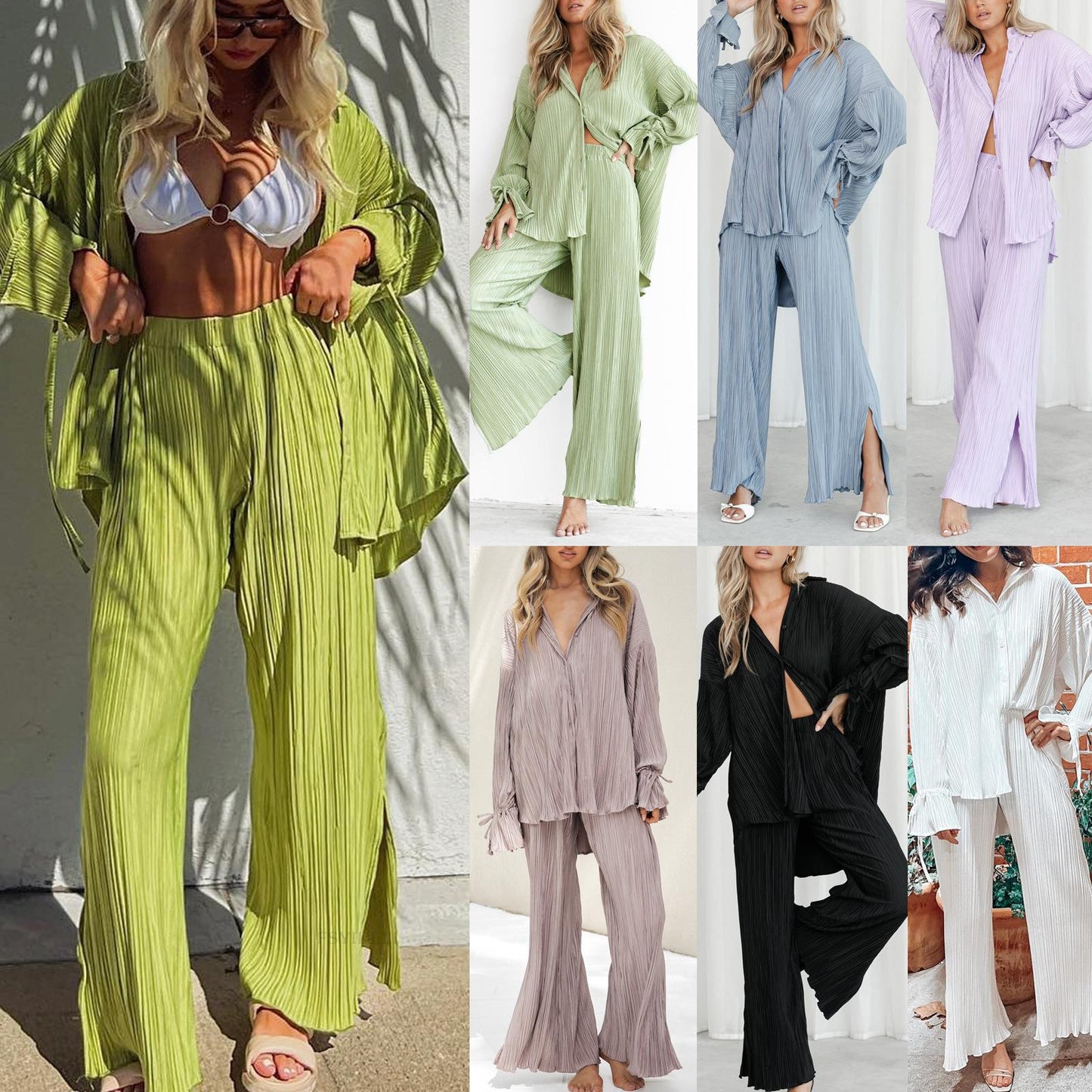 #HS5006 Coton + Polyester/S-XL Nouvel ensemble deux pièces printemps/été chemise à manches longues plissée et à revers