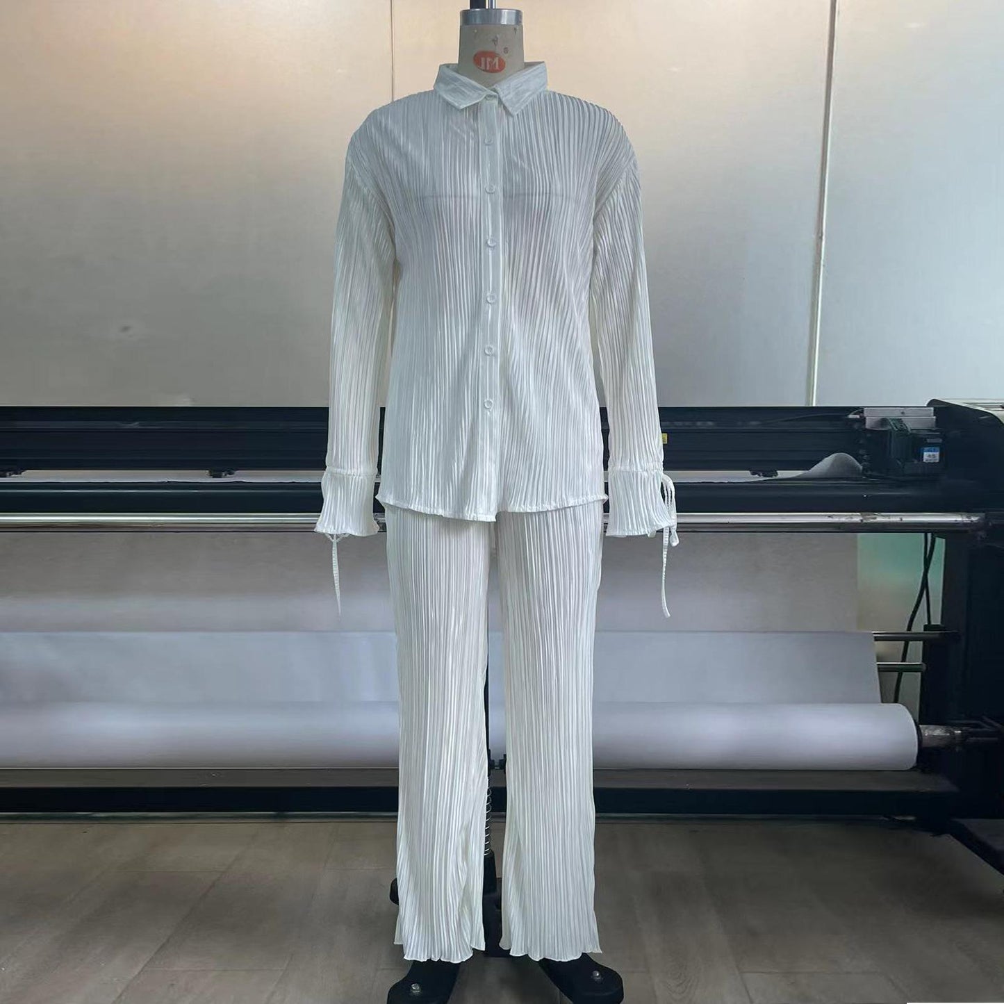 #HS5006 Coton + Polyester/S-XL Nouvel ensemble deux pièces printemps/été chemise à manches longues plissée et à revers