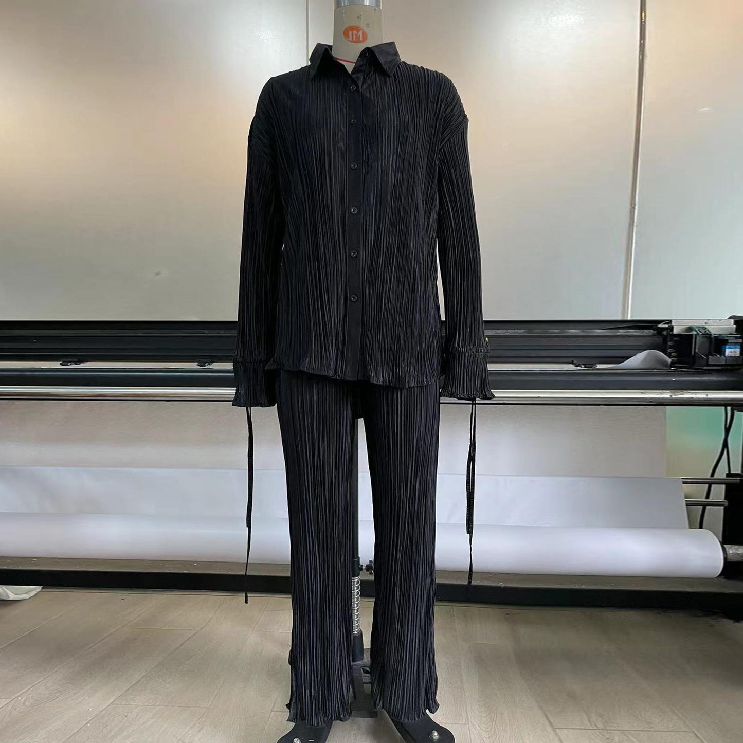 #HS5006 Coton + Polyester/S-XL Nouvel ensemble deux pièces printemps/été chemise à manches longues plissée et à revers