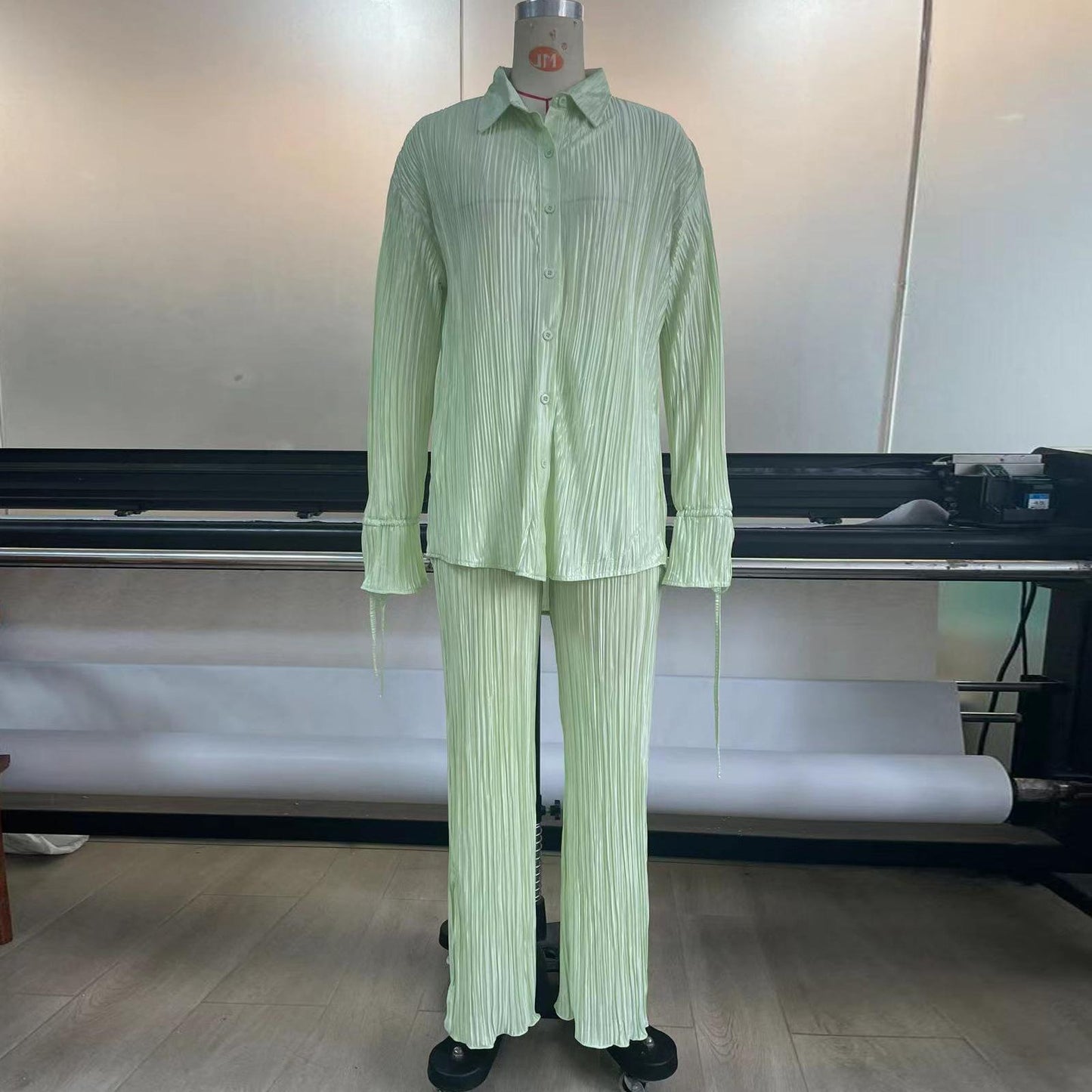 #HS5006 Coton + Polyester/S-XL Nouvel ensemble deux pièces printemps/été chemise à manches longues plissée et à revers