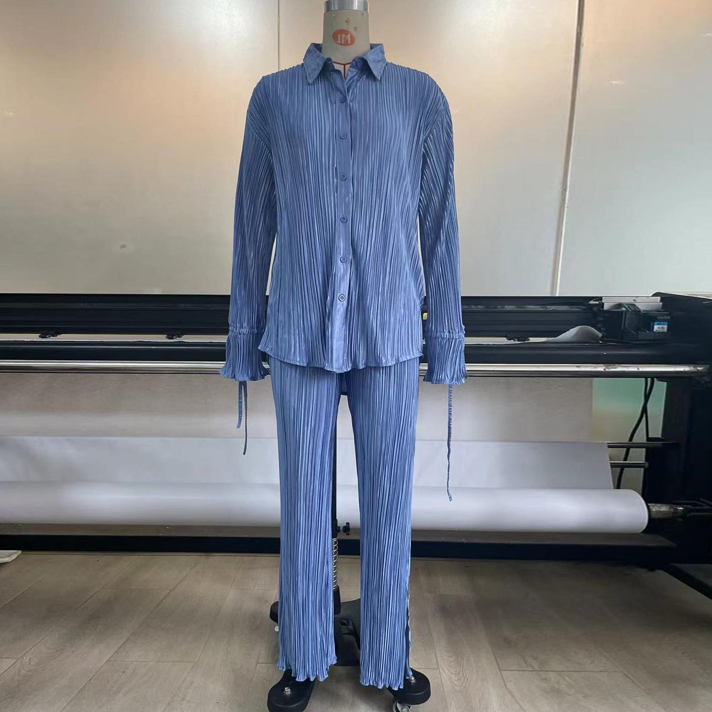 #HS5006 Coton + Polyester/S-XL Nouvel ensemble deux pièces printemps/été chemise à manches longues plissée et à revers