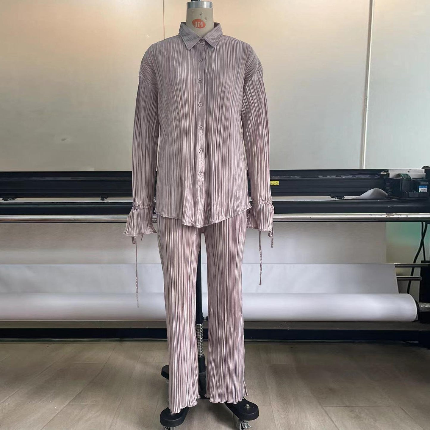 #HS5006 Coton + Polyester/S-XL Nouvel ensemble deux pièces printemps/été chemise à manches longues plissée et à revers